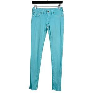 True Religion Low Rise Flap Pocket Skinny JEans Teal Blue White Stitch - 26